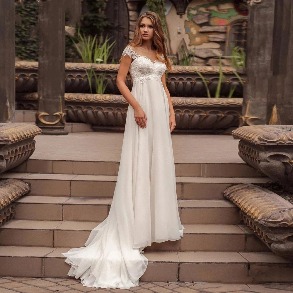 

Eightale Bohemian Wedding Dress for Women Appliques Lace High Waist Cap Sleeve Maternity Boho Beach Bride Gown robe de marie