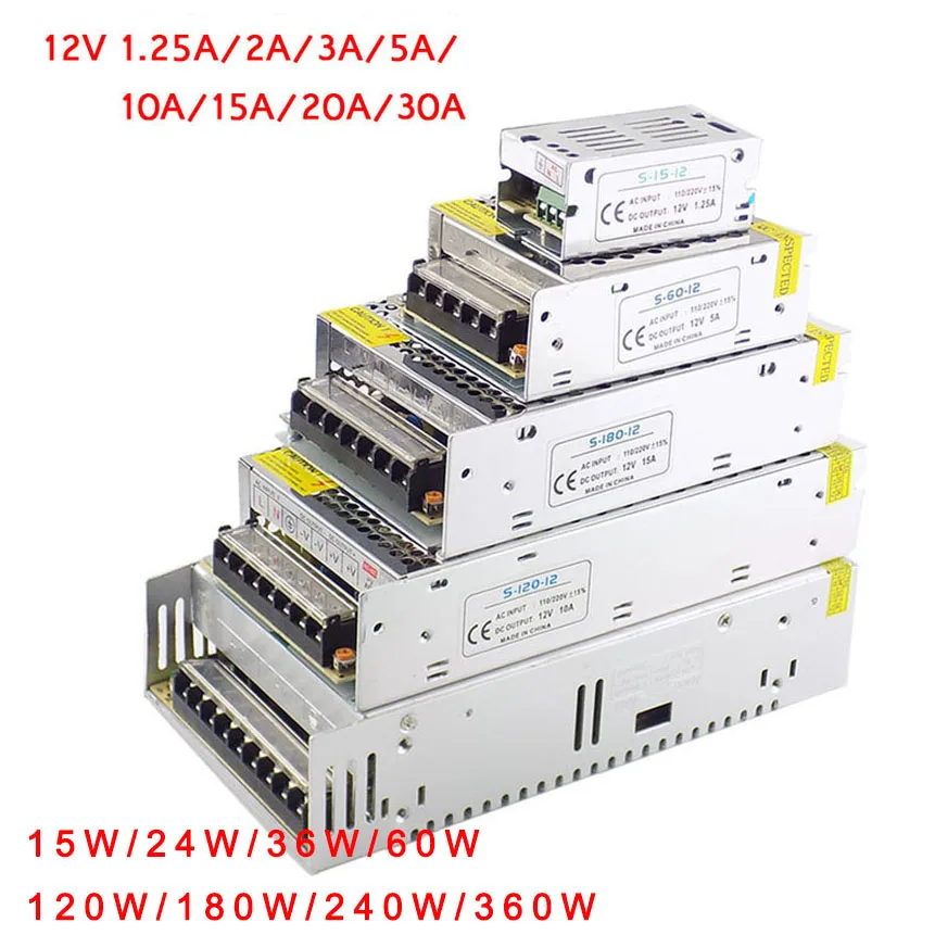 

DC 12V 1A 2A 3A 5A 10A 15A 20A 30A AC 110V 220V Power Supply Transformer Switching LED Driver for Strip Light Switch Adapter B4