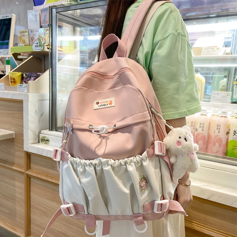 

Spring Ladies Cute Backpack Large Elastic Pocket Student Schoolbag Female Fashion Kawaii Bagkpack Teenage Girls Laptop Backpacks