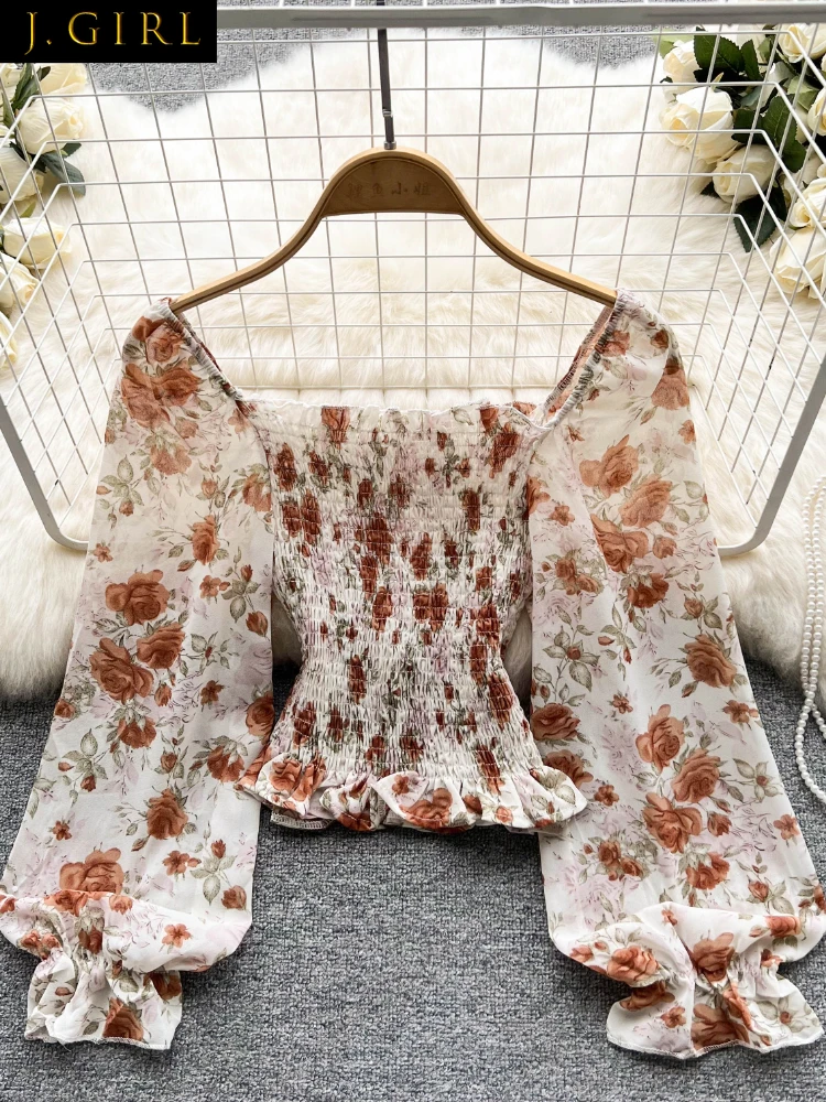 

J GIRLS Spring New Sweet Chiffon Shirt Square Collar Shoulderless Long Puff Sleeve Pleated Floral Blouse Retro Casual Women Top