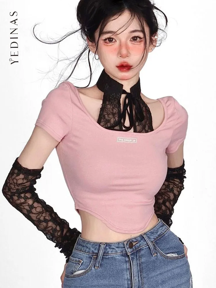 

Yedinas 2022 летняя Кружевная футболка в стиле пэчворк короткий топ с коротким рукавом с манжетами и воротником-халтером Y2k корейские модные гран...