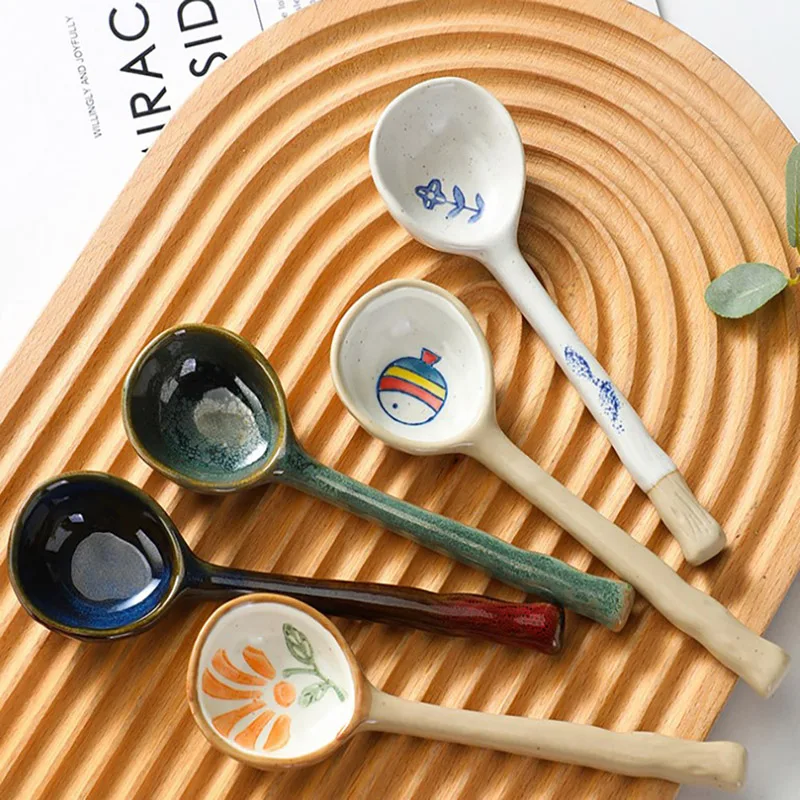 

Cartoon Hand Painted Ceramic Stirring Spoon With Long Handle Children's Auxiliary Soup Spoon Rice Spoon Japan Style