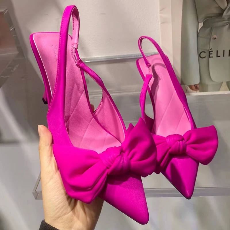 

Women Heels Sandals Big Butterfly-knot Solid Thin Slingback Heels Shoes 2022 New Spring Summer Pointed Toe Ladies Pumps