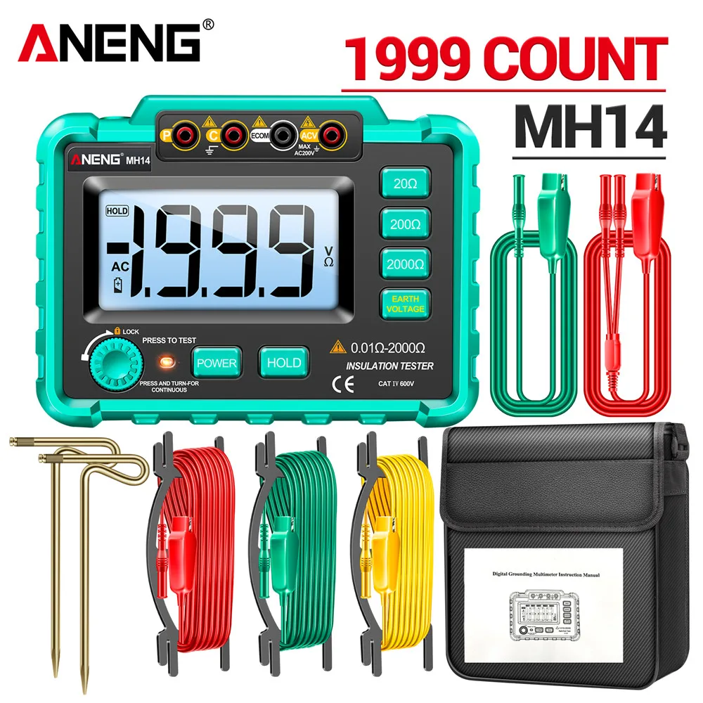 

ANENG MH14 Resistance Testers Resistance Megohmmeter Ground 1999 Conuts Resistance Voltage Tester LCD Display Measuring Tools