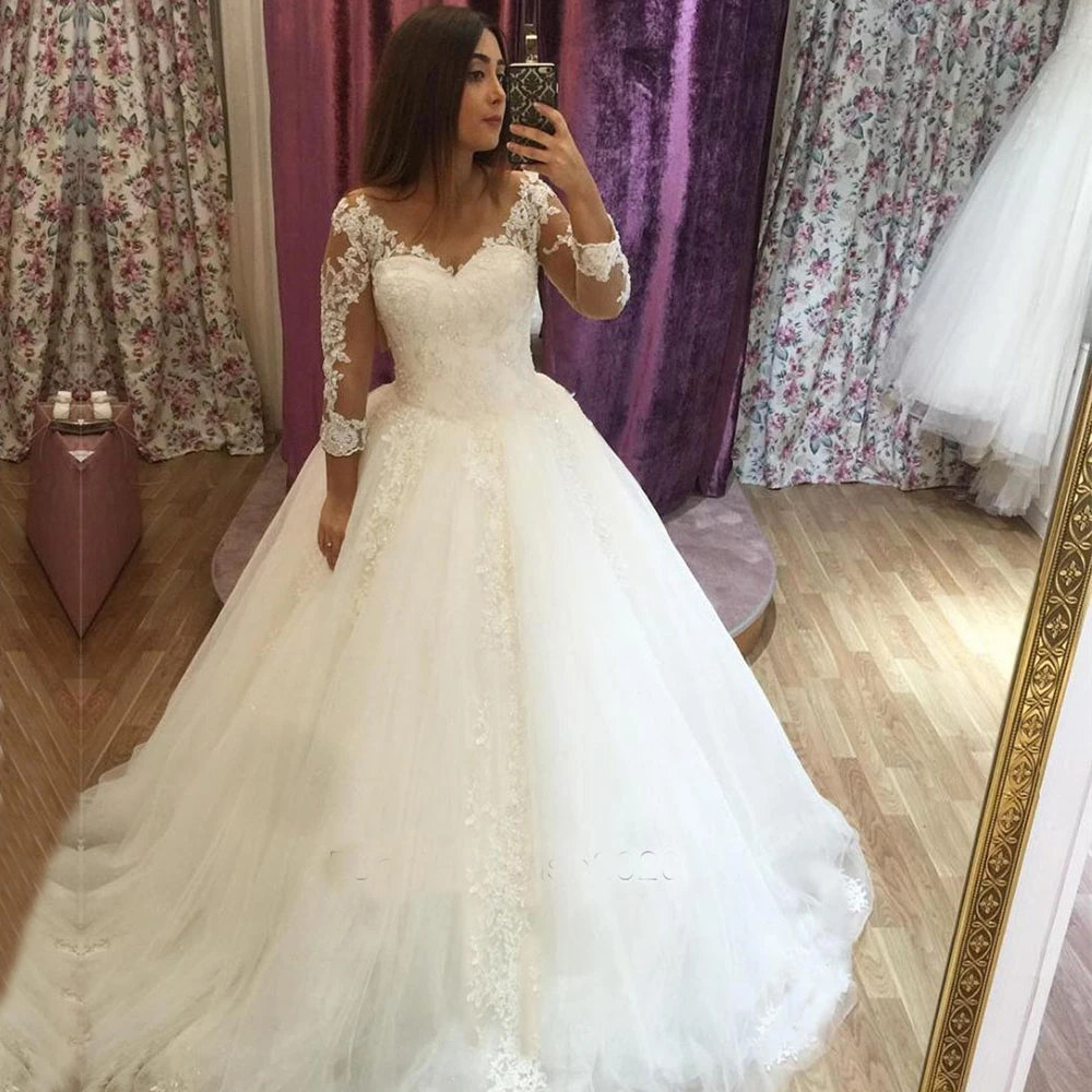 

ZJ9245 Real Photos A Line Wedding Dress Ivory Satin Skirt Full Sleeve Bling Bling Plearls Bridal Dress