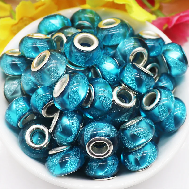 

10Pcs 14x8mm Light Blue Color Glitter Large Hole Round Spacer Beads Charms Fit Pandora Bracelet Necklace DIY Jewelry Craft Bulk