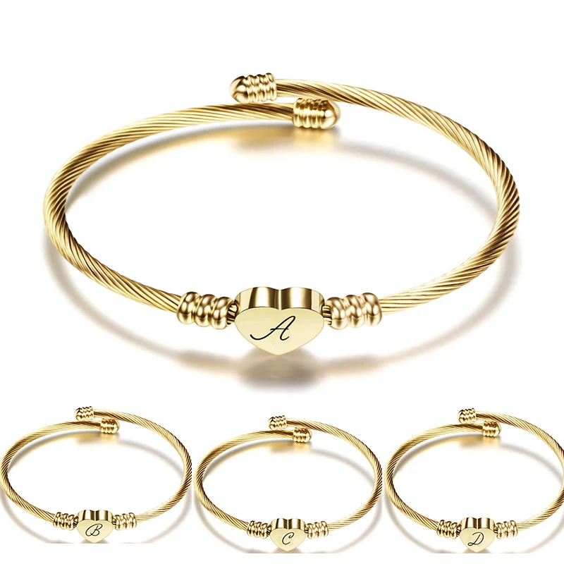

Custom Fashion Girls Gold Color 316L Heart Bracelet Bangle With Letter Initial Alphabet Charms Bracelets For Women