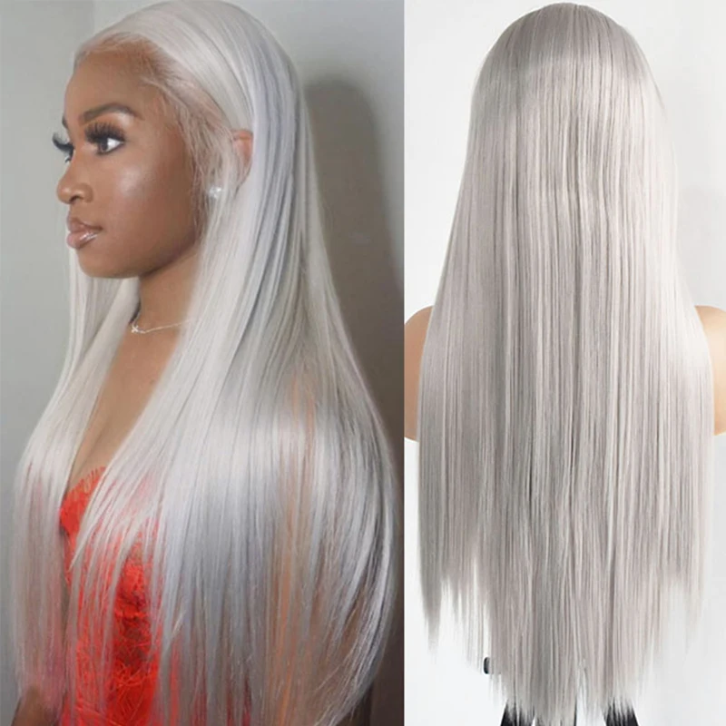 

Long Straight Grey Synthetic Wig 26Inches Middle Part Cosplay Wig Blonde Orange Color for Women Heat Resistant Fiber Pre Plcuked