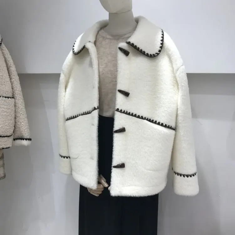 Korean doll collar cow horn button embroidery contrast color loose one-piece coat women's short short stature