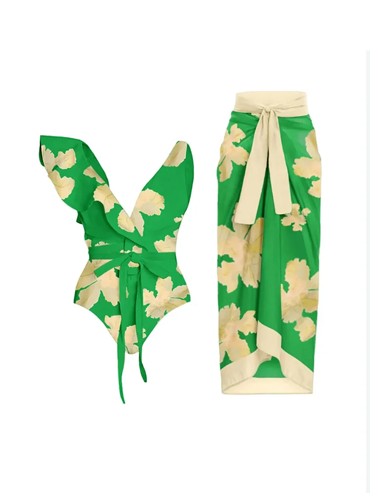 

Deep V Ruffled Vintage Flora Print Bikini Sets Swimsuit & Skirt Women Sexy Asymmetrical One Piece Swimwear Beach Bathing