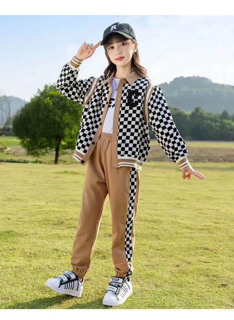 

Сетчатый костюм знаменитости для девочек, новинка, весенне-осенний Молодежный детский корейский вариант для отдыха, спортивный комбинированный кардиган, два пирога