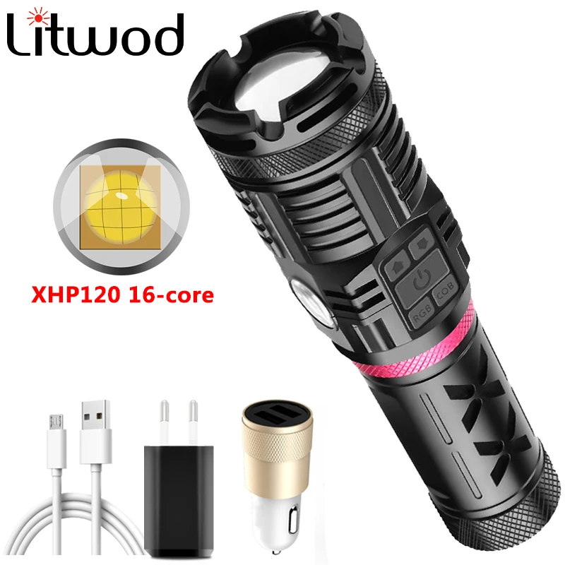 

Внешний аккумулятор Litwod XHP120, 16 ядер, 4 вида цветов, светодиодный фонарик, USB разъем, алюминиевый зум-фонарик, 18650 батарея