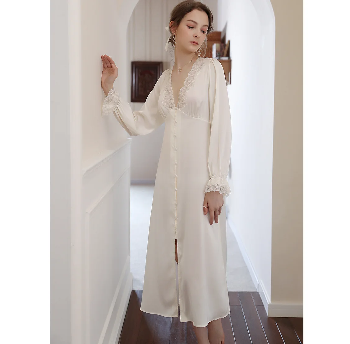 New Spring Summer French Sexy Pajamas Women Ice Thin Goddess V-neck Long-sleeved Cardigan Nightdress Long Home Clothes Sleep Top