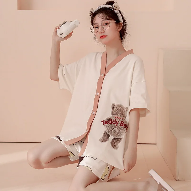 Summer Pajamas Set For Women Cotton Kimono Home Clothes New 2022 Kawaii Anime Pijama Mujer Short Sleeve Nightwear For Young Girl