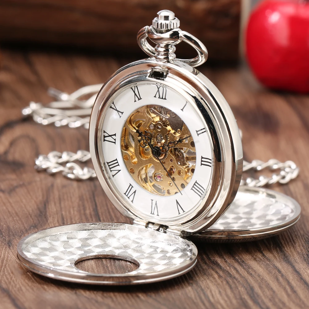 Classic Roman Numerals Display Mechanical Hand Winding Pocket Watch Silver Fob Chain Double Cover Antique Manual Pendant Clock