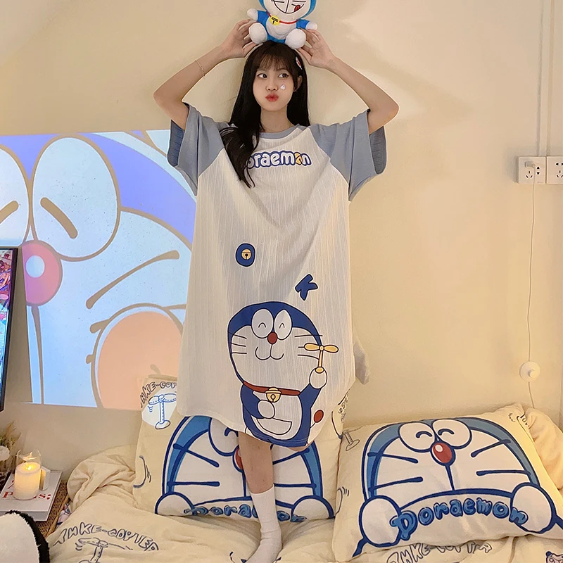 Summer Women Nightgown Pajamas Cartoon  Anime Doraemon Nightdress Cute Sleepwear Girl Pijamas Mujer  Women Leisure Homewear