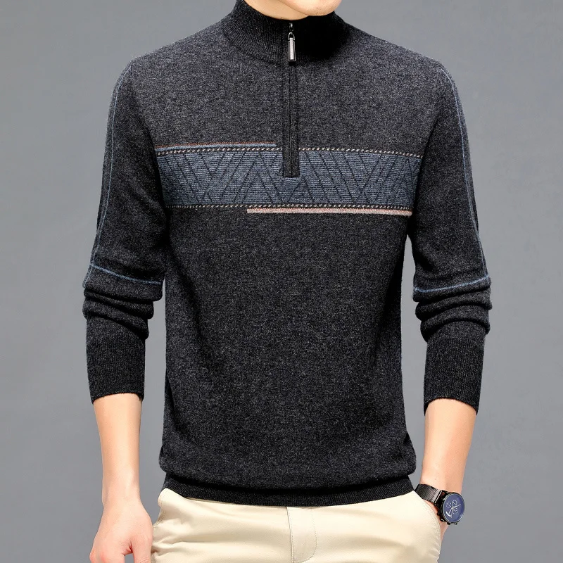 Pure Wool Thickened Men's Half-High Collar Autumn and Winter New Jacquard Thick Fashion Casual Knitted Sweater Mens Clothing