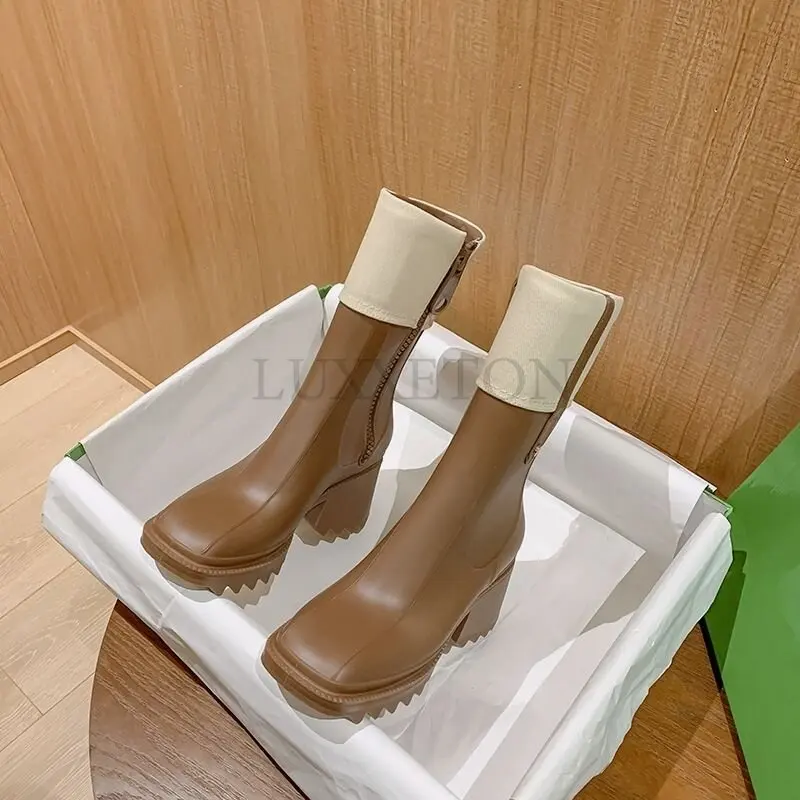 Women Short Boots Spring And Autumn Square Toe Women's Flanging Boots Mid-tube High Heel Boots Brown Boots Botas De Mujer
