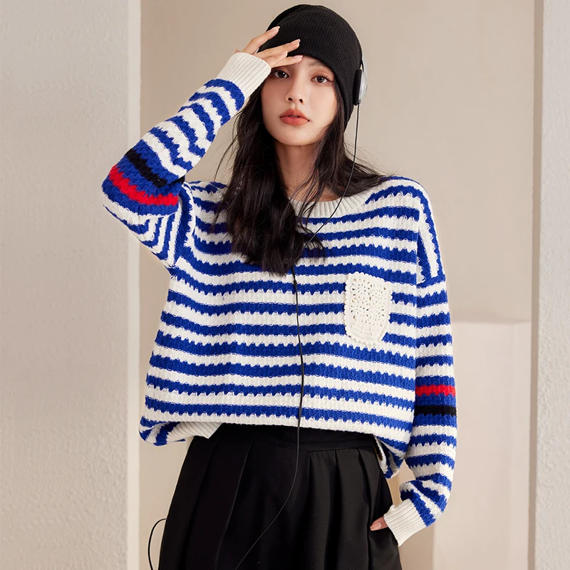 New Korean Fashion Ladies Loose Stripe Sweater Women Sexy Tops Female Japanese Girls Casual Vingate Knitted Pullover Sweaters 2