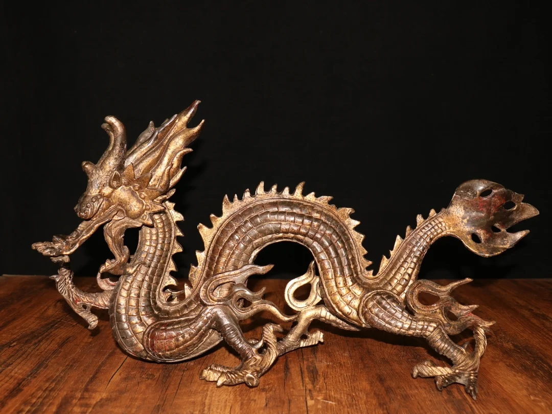 

20"Tibet Temple Collection Old Bronze Gilding Cinnabar Chinese Dragon Mythical Animals Cloud-Dragon Sails to Sea Ornaments