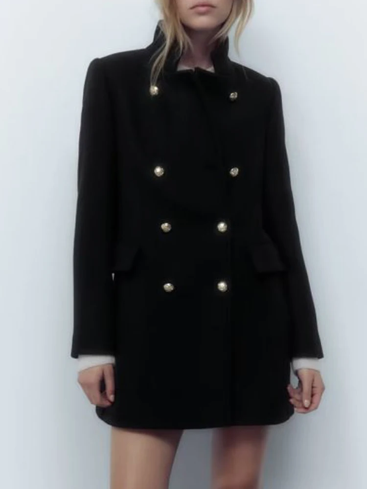 

Женское двубортное пальто, повседневное однотонное пальто из смешанной шерсти, Осень-зима 2023