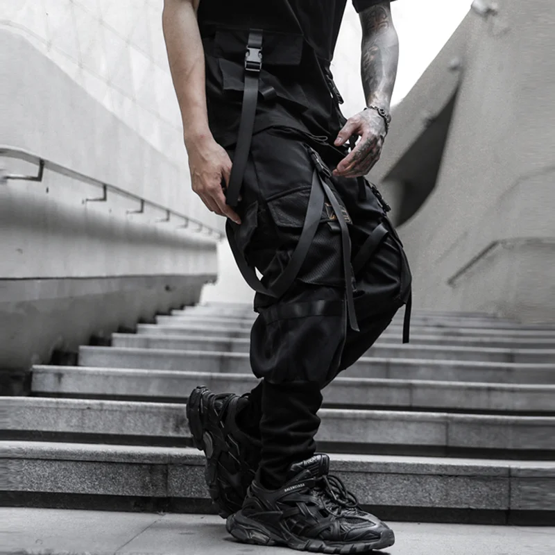 

2023 New Streetwear Pants Hip Hop Joggers Pockets Men Harem Casual Men Pants Ankle-length Ribbons Black Trousers Men ABZ696