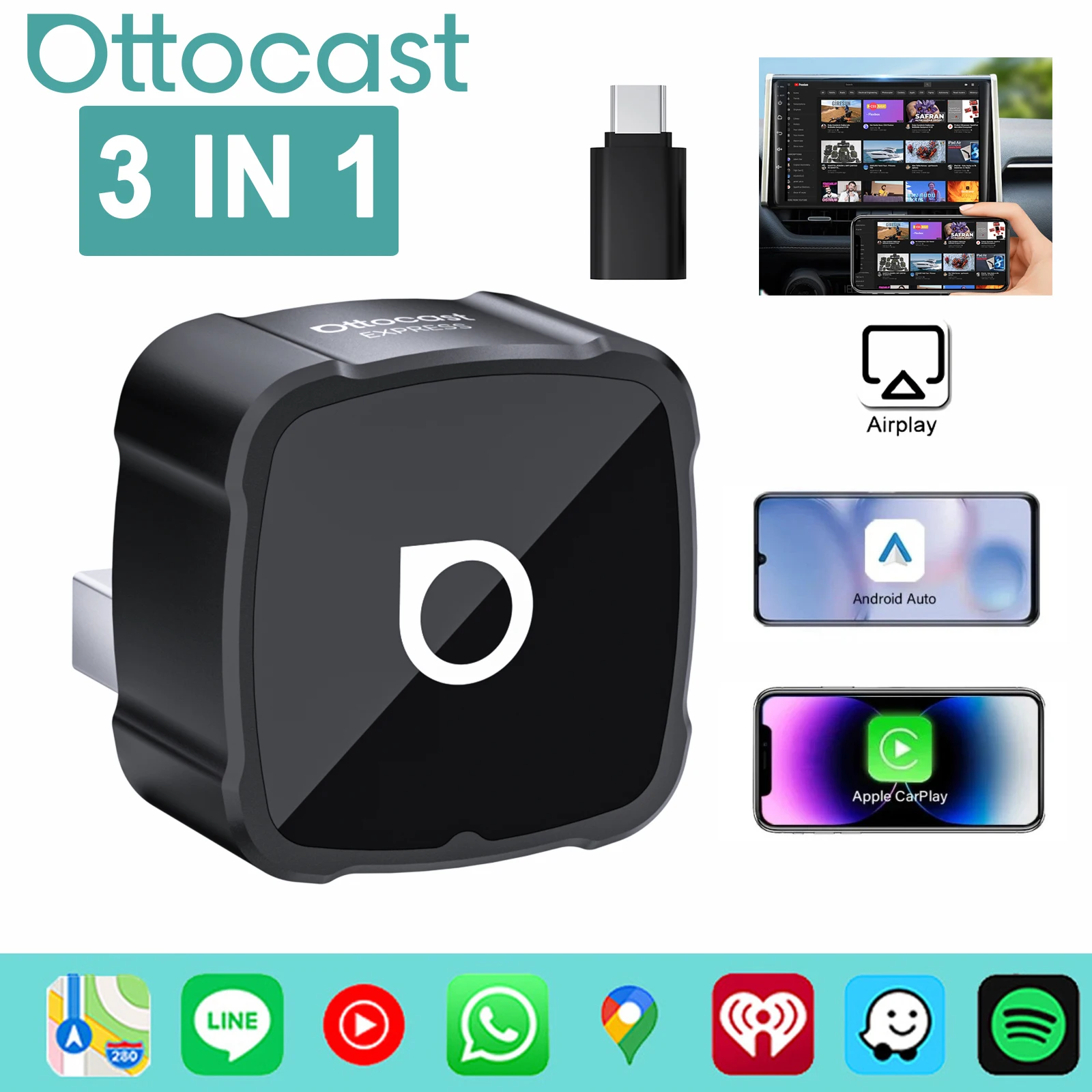 Фото Беспроводной адаптер OTTOCAST MINI AIR Cube 4.0 для CarPlay и Android Auto, 3-в-1 донгл для AirPlay и дублирования экрана, автомобильные аксессуары №1