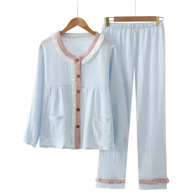 

Весенне-летняя хлопковая тонкая пижама из крепа, Женская японская Пижама с V-образным вырезом, двухслойная газовая Домашняя одежда с длинным рукавом