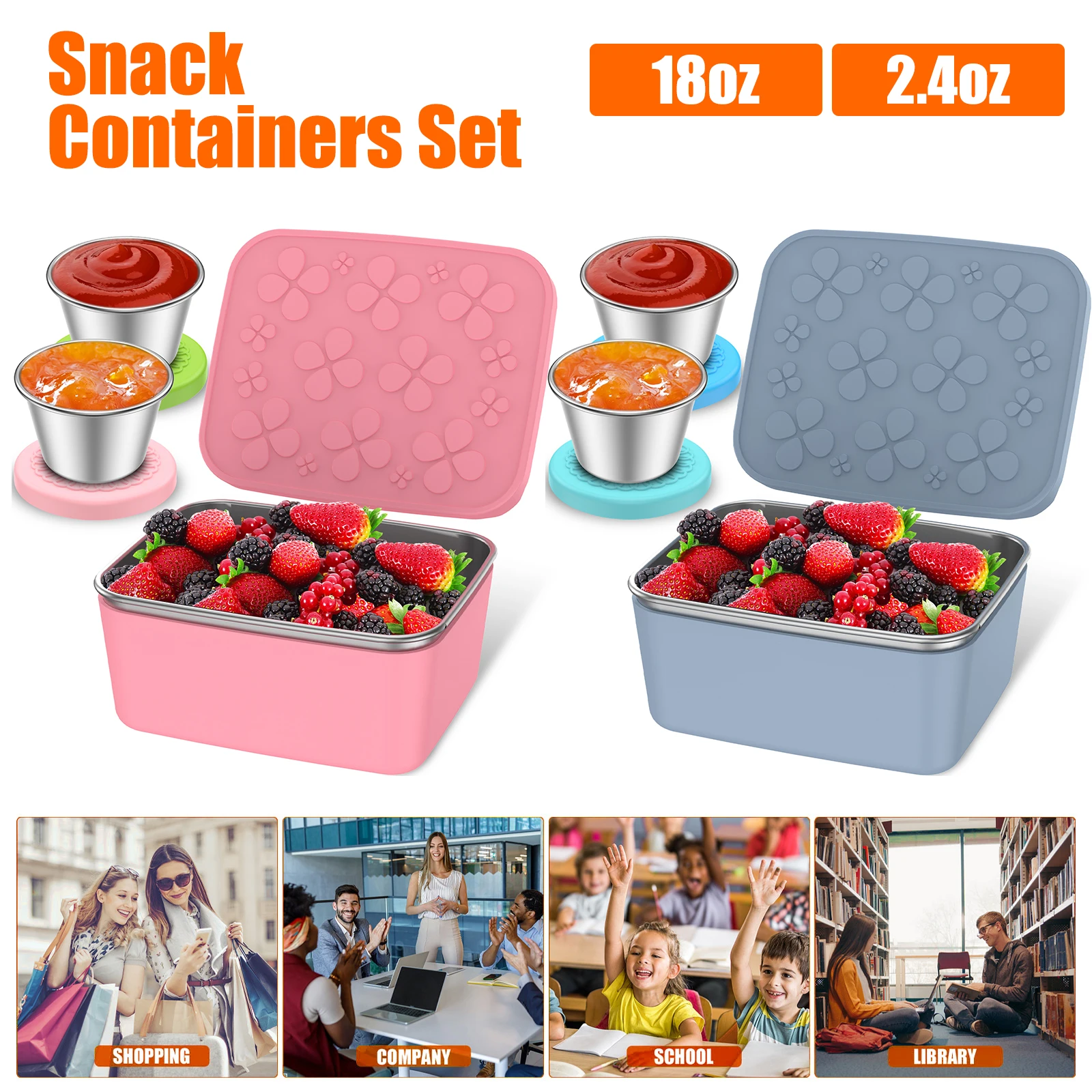 

Stainless Steel Snack Containers Set 18oz Bento Box with 2.4oz Salad Dressing Containers Leakproof Bento Box Container with