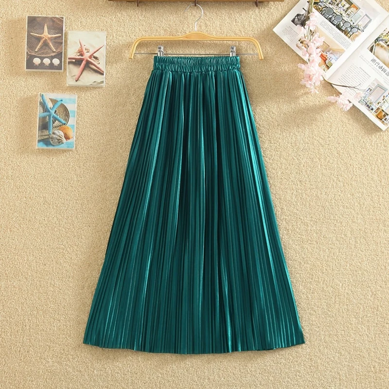 

SETWIGG Autumn Soft Metallic Long Narrow Pleated Skirt Stretch Waisted High Satin A-line Pleated Lined Below Knee Skirts SG2818