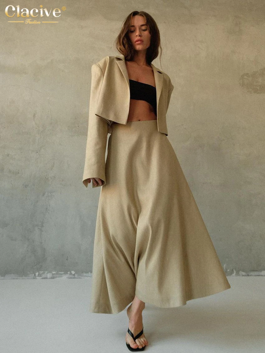 

Clacive Fashion Loose Khaki Linen 2 Piece Sets Women Outfit Elegant Long Sleeve Crop Top With High Waist Long Skirt Sets Female