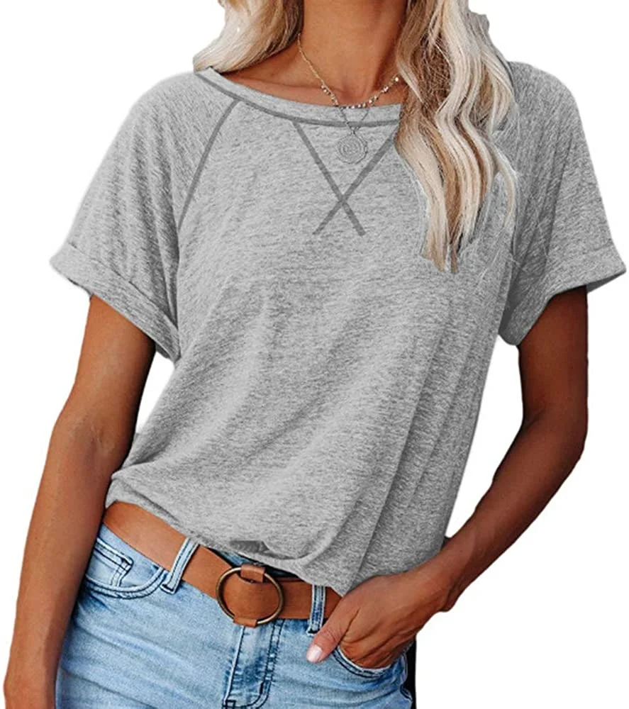 

Women's top short sleeve color matching T-shirt Raglan casual loose waist top