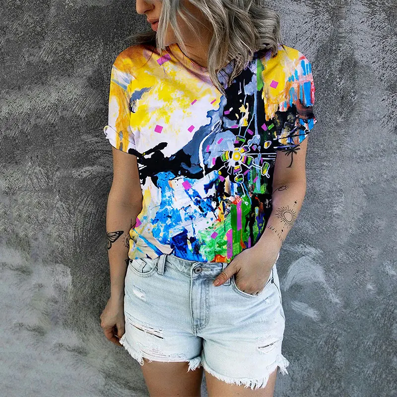 

2022 Casual Round Neck Short Sleeve Women T Shirts Summer Painting Print Loose T Shirts Plus Size Cotton Blend Daily Tees