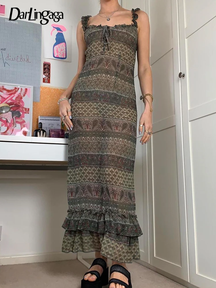 

Darlingaga Y2K Frills Grunge Fairycore Retro Printing Maxi Dress Female Fashion Ruffles Stitching Strap Summer Dresses Long Chic