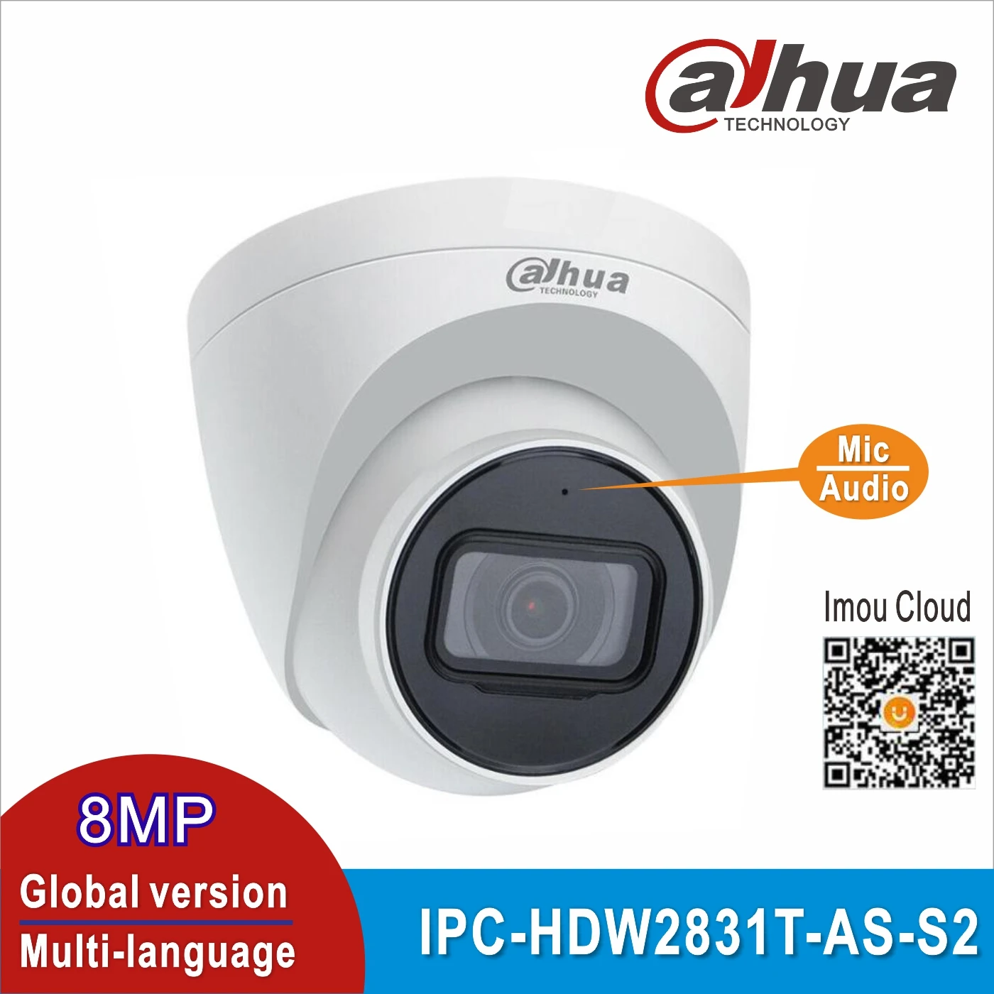 Камера видеонаблюдения Dahua IPC-HDW2831T-AS-S2 8 Мп встроенный микрофон слот для SD-карты IP67