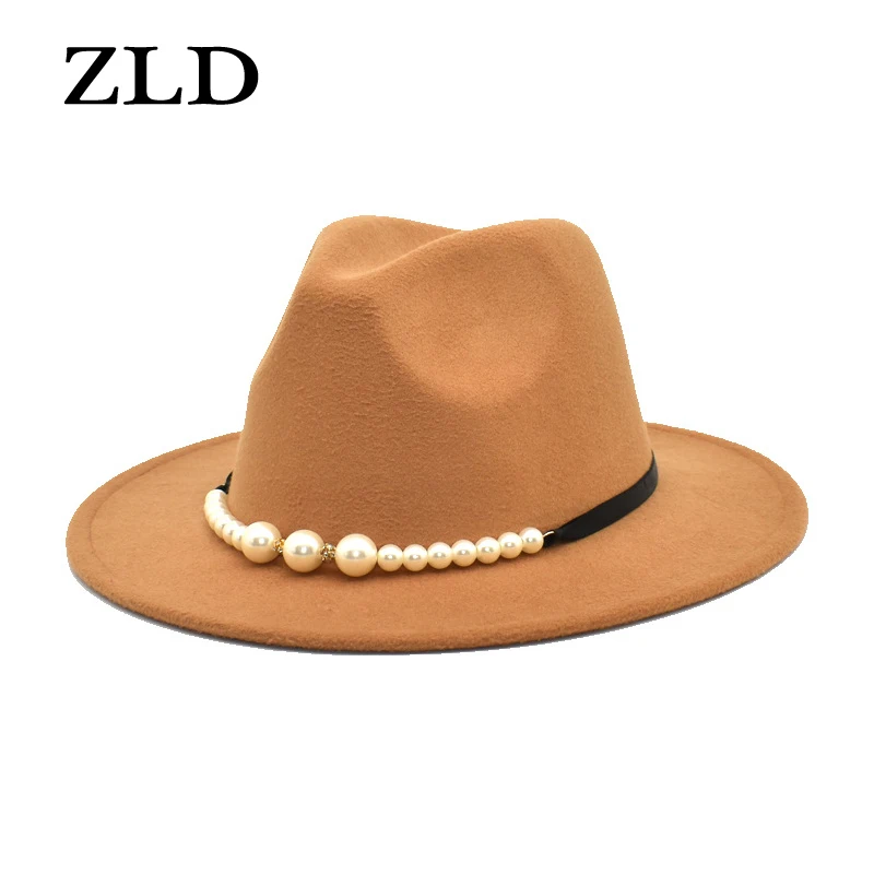 

ZLD Women Fedoras Hat Fashion Pearl Decoration Flat Brim Hats British Style Men Gentleman Jazz Caps Casual Ladies Cowboy Caps