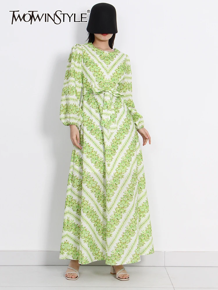 

TWOTWINSTYLE Casual Print Dress For Women Round neck Loose Long Sleeve Patchwork Bowknot High Waist Midi Dresses Female 2022 New