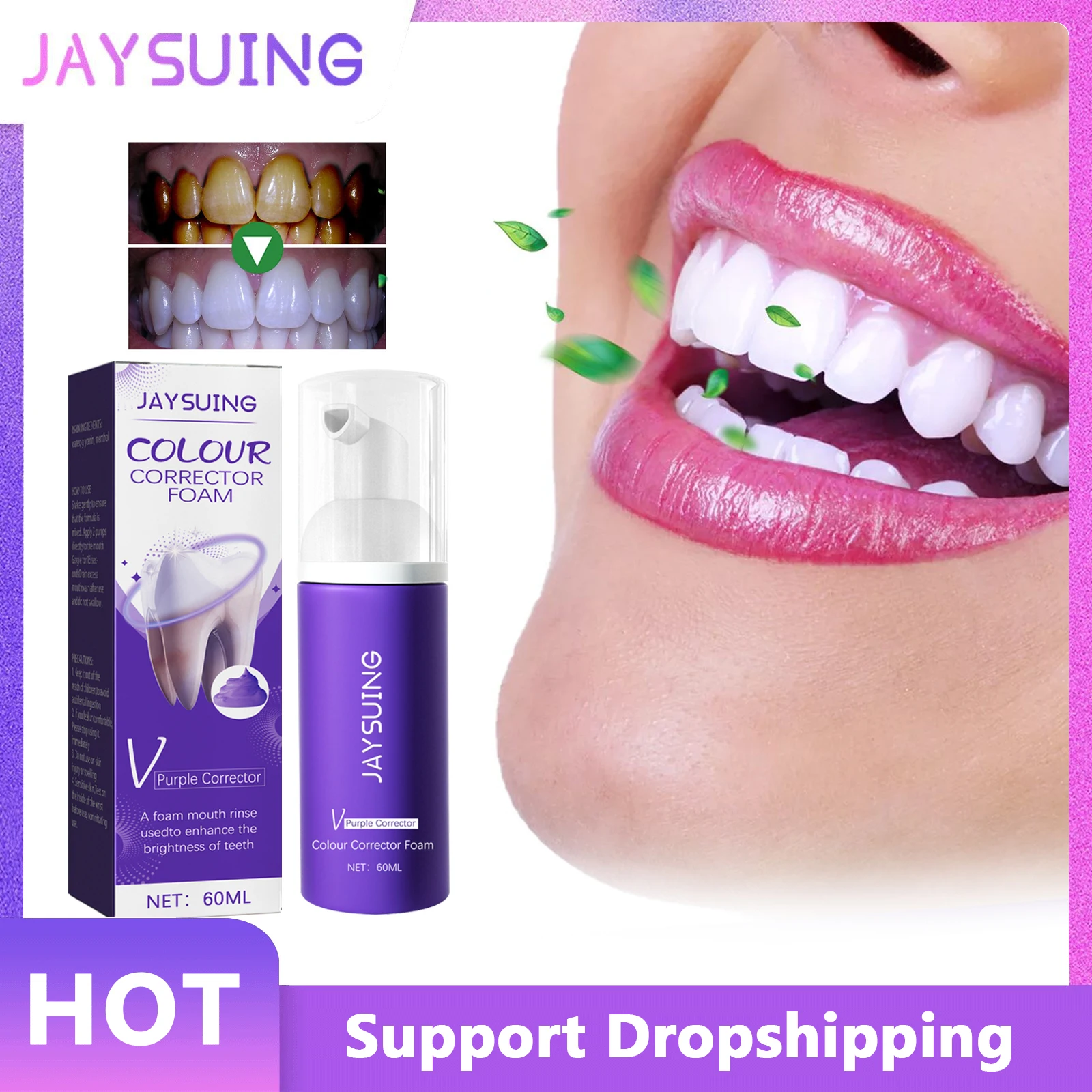 

Jaysuing Teeth Whitening Mousse Colour Corrector Intensive Stain Removal Reduce Yellowing Oral Odor Removal Foam Toothpaste 60ml