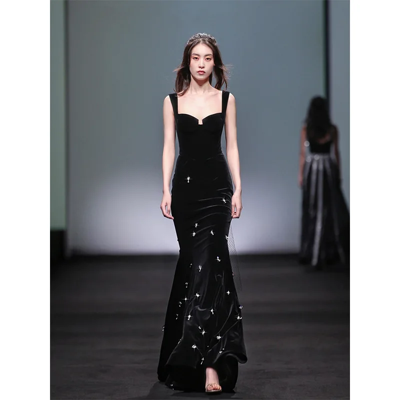 

Женское длинное вечернее платье-русалка, элегантное черное платье на бретелях-спагетти, бальное платье без рукавов для выпускного вечера