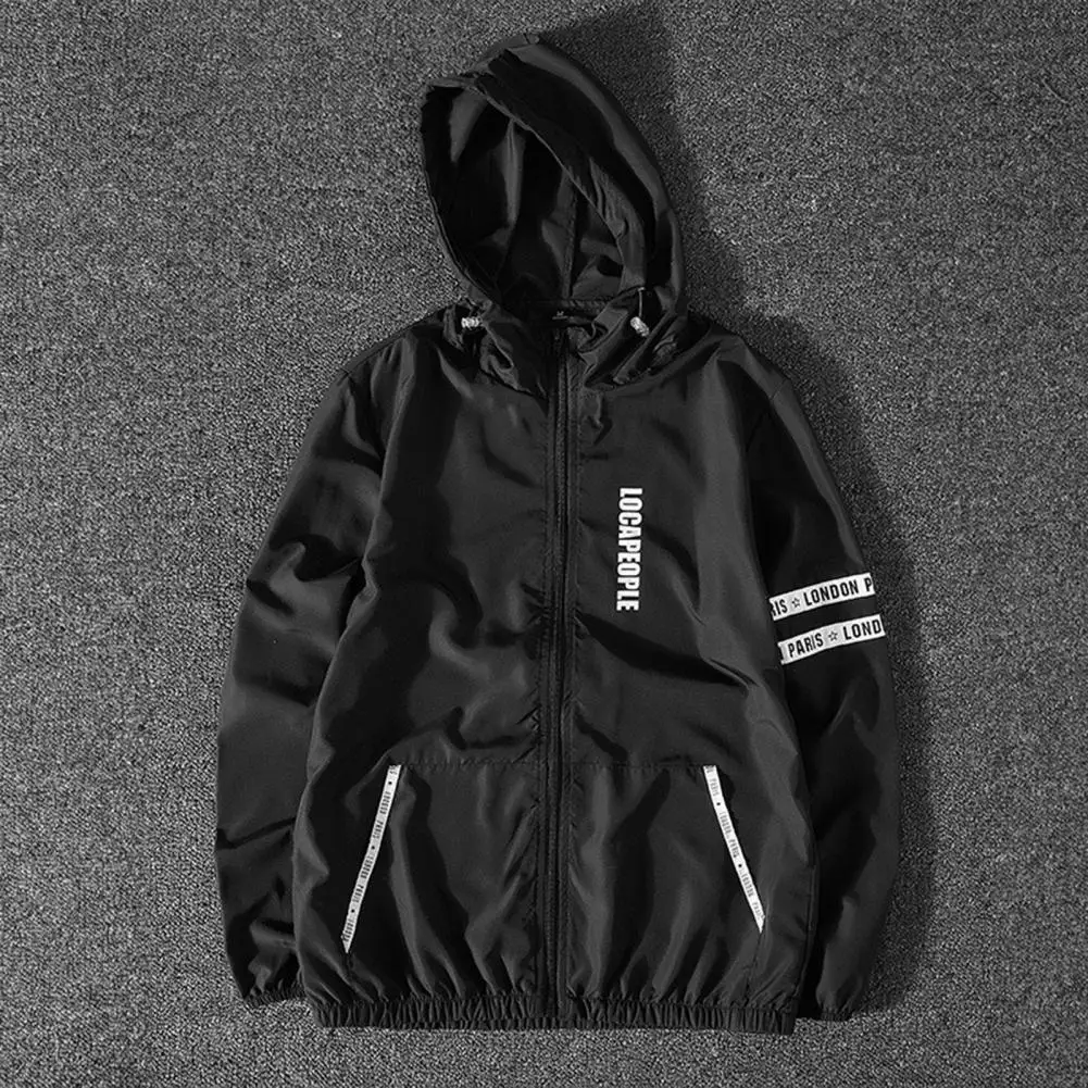 

Chic Spring Coat Letter Print Outdoor Coat Thin Travel Drawstring Men Coat Sunscreen