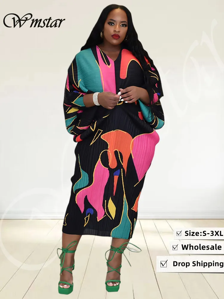 

Wmstar Women Clothing Dresses Fall Clothes Long Sleeve Printed Casual Puff Sleeve Stretch New Maxi Dress Wholesale Dropshipping