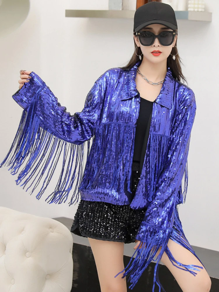 Женский танцевальный костюм светоотражающая блестящая куртка с бахромой
