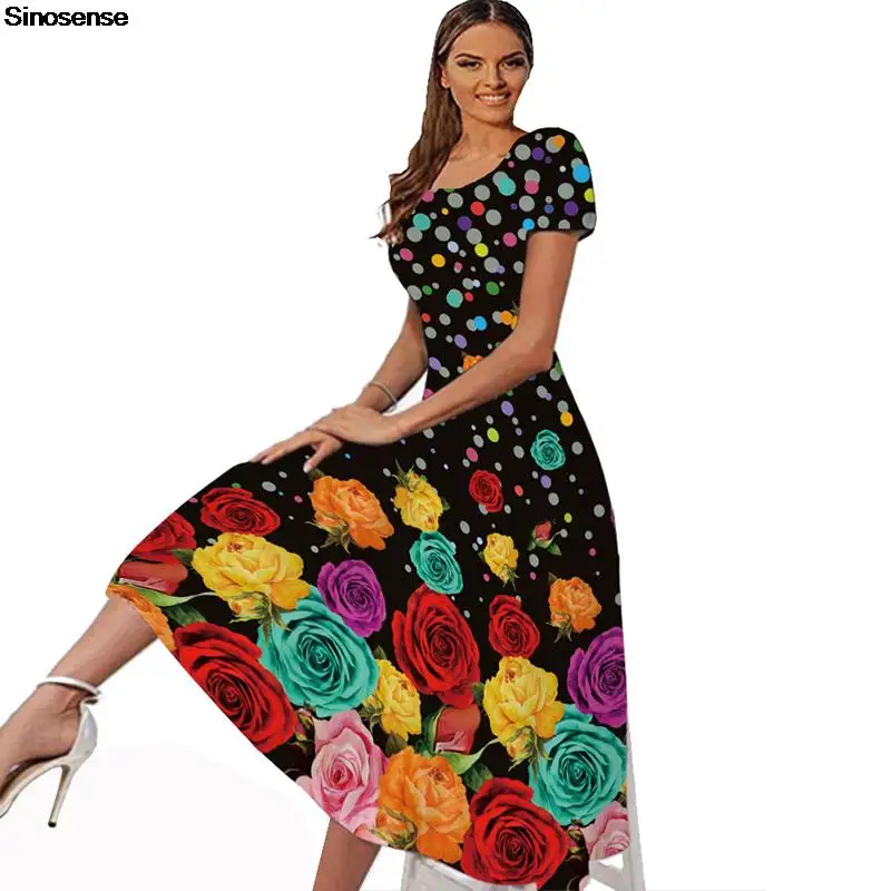 

2022 Fashion Party Vacation Beach Dress Women Floral Print Spring Summer Square Collar Short Sleeve A Line Loose Long Maxi Dress