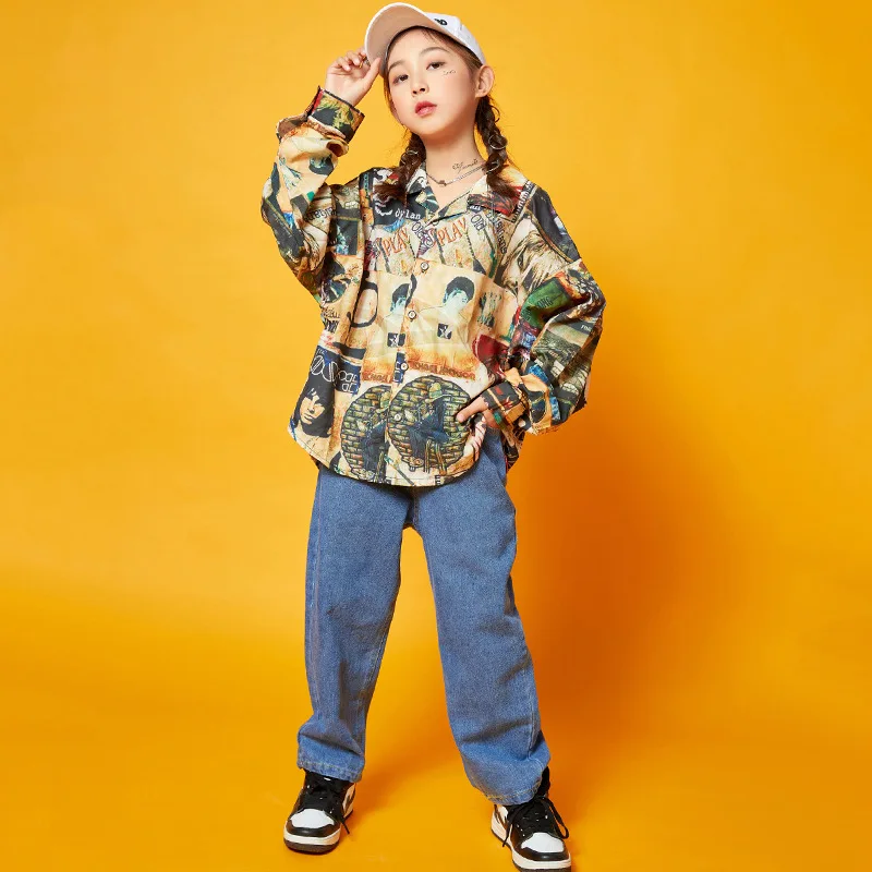 Kid Hip Hop Dance Clothing Vintage Printing Shirt Top or Jeans Pants for Girls Jazz Dance Costumes Clothes Street Dancewear