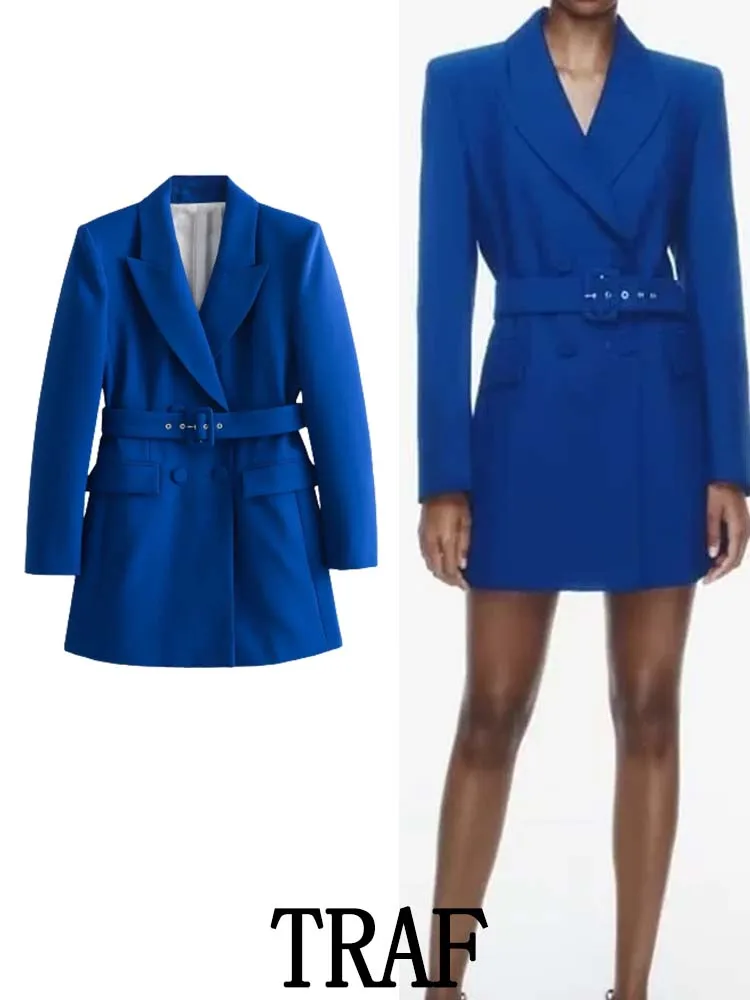 

Женский Длинный блейзер с поясом, двубортный Приталенный пиджак с длинным рукавом, в винтажном стиле, осень 2023