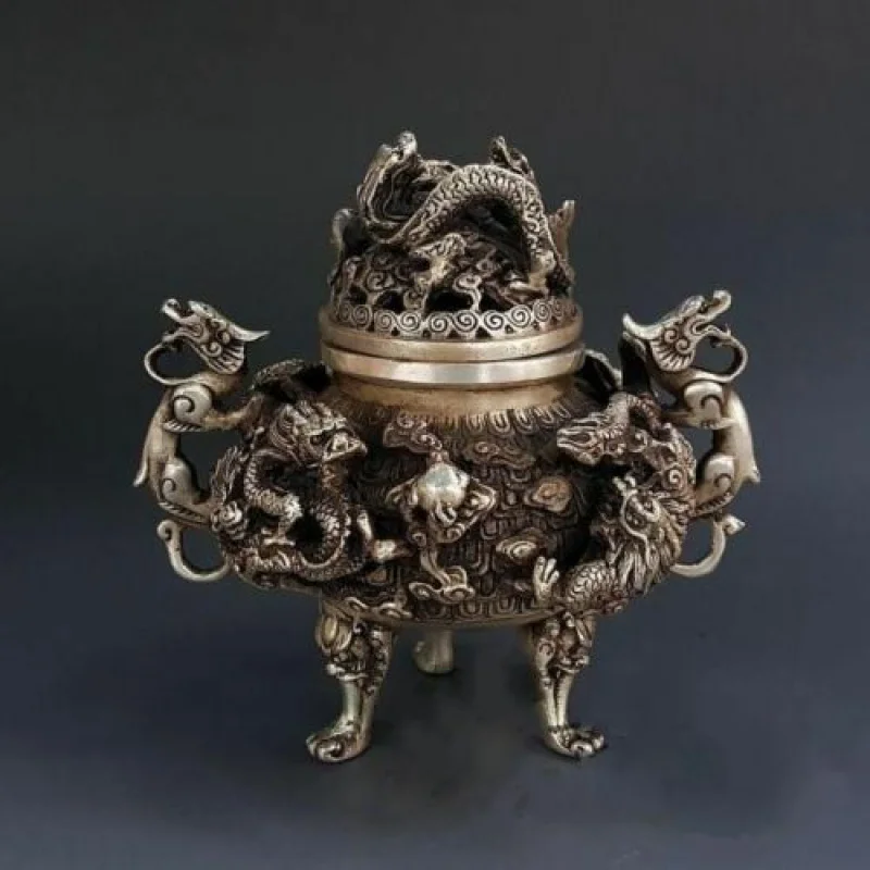 

China Exquisite Tibet Silver 9 Dragon Beast Lion Head Incense Burner Statue