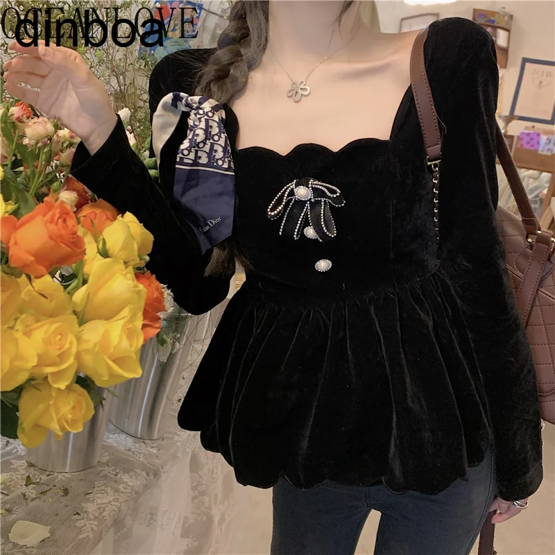 

Oceanlove Black Blusas Mujer Solid Square Neck Retro 2021 Spring Women Tops and Blouses Velvet Korean Shirts Elegant 19491