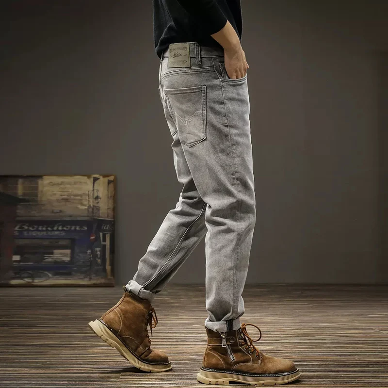 Newly Designer Fashion Men Jeans Retro Gray Stretch Slim Fit Ripped Jeans Men Elastic Trousers Vintage Casual Denim Pants Hombre