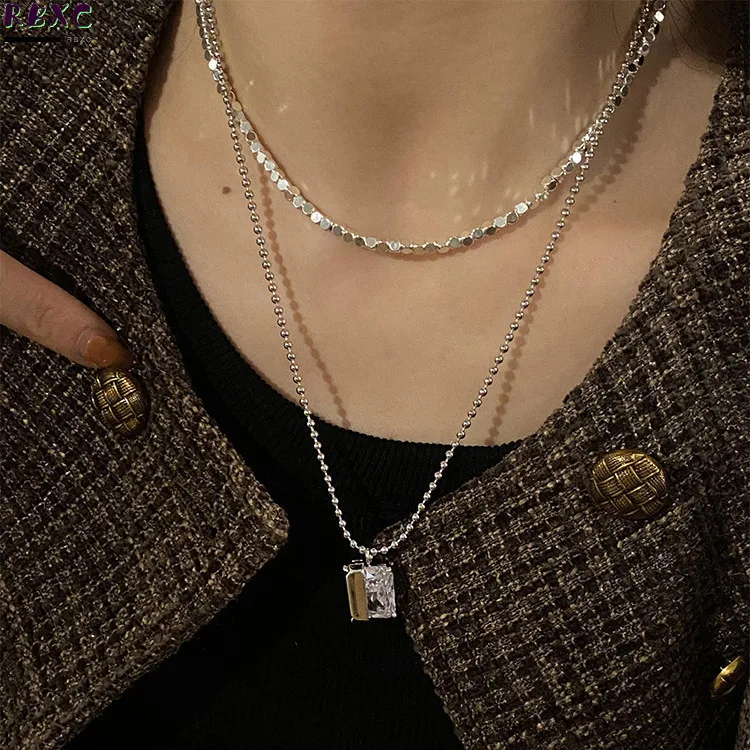 

Korean Minority Design Water Diamond Silver Square Overlay Necklace New Ins Versatile Double-layer Simple Clavicle Chain