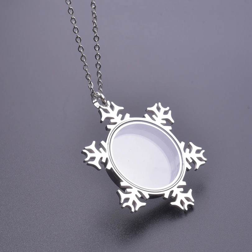 

Christmas Gifts Necklace for Women Stainless Steel Glass Floating Locket Snowflake Pendant 60cm Collar Long Steel Chain Jewelry